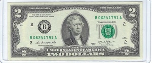 Almost UNC Fancy One $2 Dollar Bill Birthday Note serial # B06241791A 06/24/1791 - Picture 1 of 2