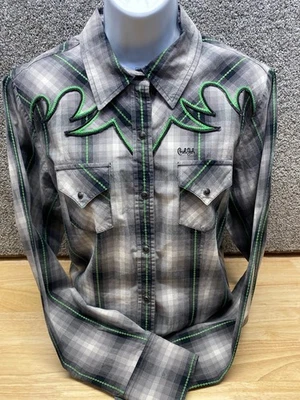 Cruel Girl Womens L Black Plaid Pearl Snap Button Up Shirt Western Cowgirl Flap - Image 1 of 4