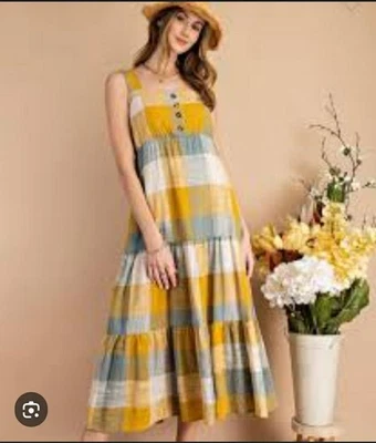 Vestido de Verano Caballete X Anthropologie Talla S Amarillo Cuadros Algodón En Niveles Midi Nuevo con Etiquetas  Foto 1 de 4
