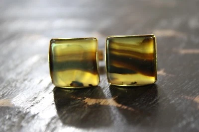 Vtg Estate Gold Tone Unbranded Picture Agate Polished Stone Square Cufflinks GUC - Image 1 of 4