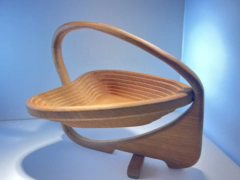 Handmade Amish Heart Folding Collapsible Wooden Basket Trivet Bowl Mid Century Cover