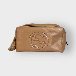 Authentic Gucci Soho Cosmetic Pouch Patent Beige Leather Logo - Picture 1 of 19
