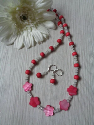 Schmuckset "Perlmuttblumen" rot - weiß UNIKAT  - Bild 1 von 2