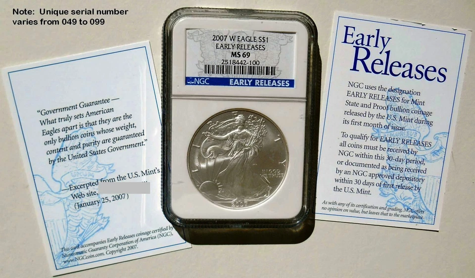 American Eagle 2007 W bruñido $1 plata NGC MS69 lanzamiento anticipado Foto 1 de 4