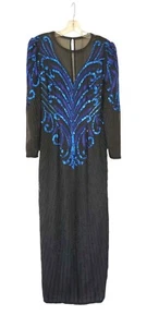 VTG 1980s Lillie Rubin Silk Maxi Dress S Black Blue Purple Beaded Sequins Gown - Picture 1 of 24