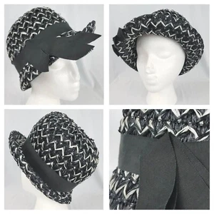 Vintage Black & White Straw Hat with Black Grosgrain Ribbon - Picture 1 of 13