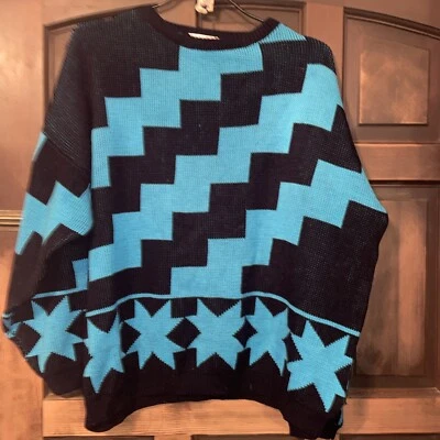 Vintage 80’s Nordstrom Brass Plum sweater large turquoise & black W/stars- Geo - Image 1 of 3