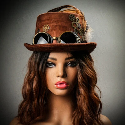 Mujeres Marrón Steampunk Deluxe Disfraz Pluma Gafas Top Sombrero Fiesta Equipo para la Cabeza Foto 1 de 4