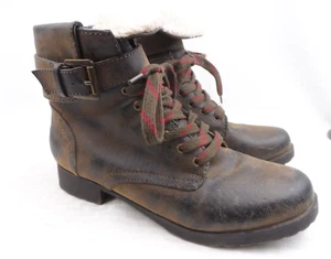 RUFF HEWN Brown Distressed Faux Leather Zip Fleece Lined Boots Size 6 M - Picture 1 of 10