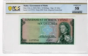 Malta 1963 1949 10 Shillings PCGS Banknote Certified AU 58 Pick 25a - Picture 1 of 2