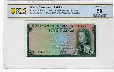 Malta 1963 1949 10 Shillings PCGS Banknote Certified AU 58 Pick 25a - Image 1 of 2