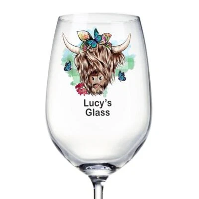 Personalised Highland Cow Butterfly Wine Glass Gift For Her ALL-1