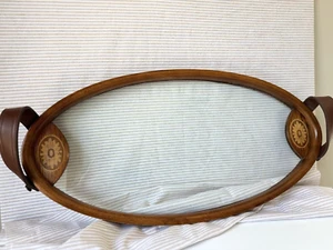 Vintage MCM Oval Oak Marquetry & Glass Leather Handled Serving Bar Host Tray - Picture 1 of 12