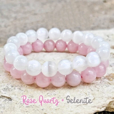 Conjunto de pulsera de cristal pulsera de cuarzo rosa pulsera de selenita curación yoga joyería Foto 1 de 4