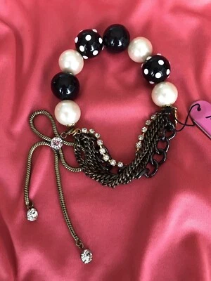Betsey Johnson Vintage Black Lucite Polka Dot White Crystal Pearl Bow Bracelet - Image 1 of 3