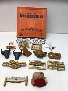 17- Older Boy Scouts Neckerchief Slides In Neckerchief Box,A Few Rarer Ones LOOK - Picture 1 of 24