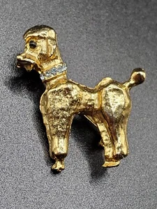 Vintage goldfarbene französische Pudel Brosche Anstecknadel schwarze Augen klar Strass Kragen - Bild 1 von 10