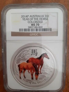 2014 P 2014P Australia MONEDA DE PLATA COLOREADA 1 OZ 999 Año del Caballo NGC MS70 - Imagen 1 de 2