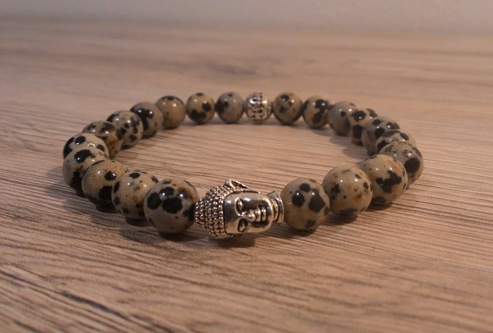 Bracciale uomo donna in pietre dure diaspro dalmata Buddha color  argento  - Immagine 1 di 1