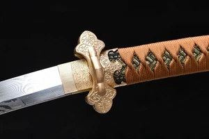Handmade Japanese Efu Tachi Sword Damascus Steel Blade with  Carved Brass Fittin - Picture 1 of 15