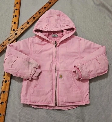 Carhartt Jacket Youth Girl XXS 4-5 Pink Zip Canvas Sherpa Grunge Hooded Thrashed - Image 1 of 4