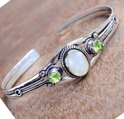 Браслет-манжета из стерлингового серебра 925 пробы с огненным лунным камнем и перидотом мужские ювелирные изделия - Изображение 1 из 4