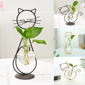 Hydroponic Glass Heart Vase With Iron Metal Holder Lovely Cat Shape Vase - Picture 1 of 16