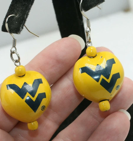 West Virginia basketball yellow painted kakui nut drop dangle earrings Cover