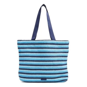 Vera Bradley Straw Stripe Tote Blue Wave Medallion Bag Beach Shoulder 15 x 14" - Picture 1 of 2