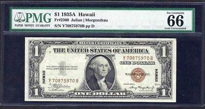 🇺🇸 1935A $1 HAWAII ♚♚"Y---B" BLOCK♚♚  PMG GEM UNC 66 EPQ HARD TO FIND!!! - Image 1 of 2