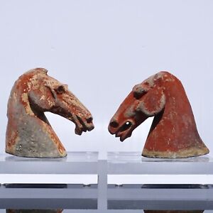 Pair Red Han Dynasty Gray Pottery Horse Heads (206BC - 220AD)