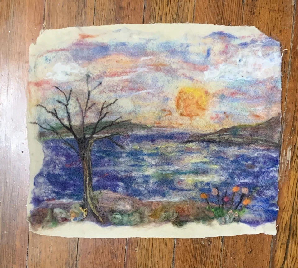 Vtg Tapestry Embroidered Needle Felting Wall Art Hanging Mountain Landscape Felt - Image 1 of 4