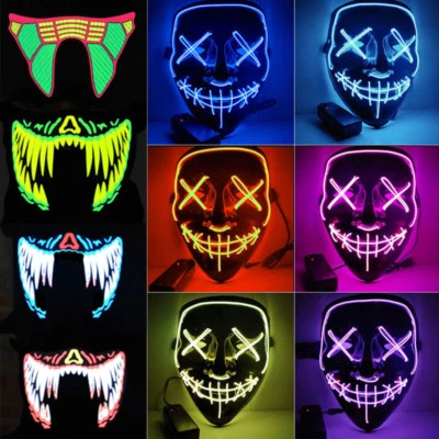 Halloween LED Glow Mask "3 Modes" EL Wire Light Up The Purge Movie Costume Party - Image 1 of 4