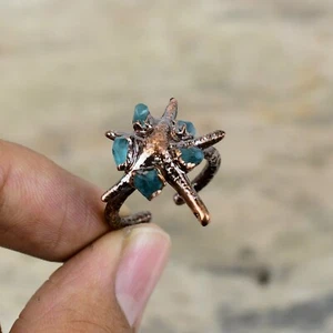 Copper Natural Aquamarine Rough Unique Wedding Multi Stone Electroformed Ring - Picture 1 of 6
