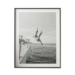 Wall Art 70cmx100cm Black and White Ocean Jump, Black Frame Canvas - Picture 1 of 6