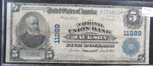 1902 $5 Nat'l Bank Note Jackson, Michigan. Plain Back. Circulated. (425104) - Picture 1 of 6
