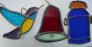 VINTAGE STAINED GLASS SUN CATCHERS BIRD BELL JUG ORNAMENTS (3) - Picture 1 of 4