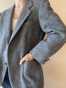 HARRIS TWEED Blazer Pure Wool Houndstooth Light Blue Blend - No Size Tag - Picture 1 of 12