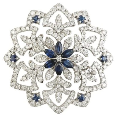 12.35 TCW Marquise & Round Cut Blue & White Sapphire Floral Wedding Brooch Pin - Image 1 of 4