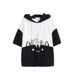 Cute Cat Ear Hoodie T-Shirt for Women Japanese Style Half Sleeve Cute Anime Top - Picture 1 of 6