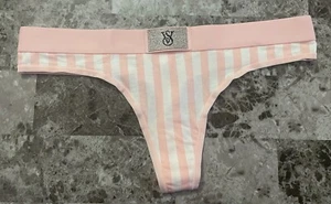 NWT VICTORIA'S SECRET PINK WHITE STRIPE BLING LOGO THICK WAISTBAND THONG PANTIES - Picture 1 of 4
