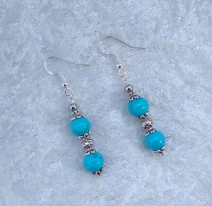 Turquoise 8mm Bead , 4 cm Long, 925 Silver Hook Earrings. Handmade In Gift Bag - Picture 1 of 5