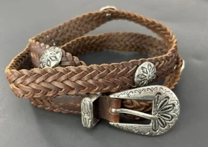 Leder Damen Conchos Medaillon braun geflochten Flechtgürtel silberne Akzente 40" - Bild 1 von 6