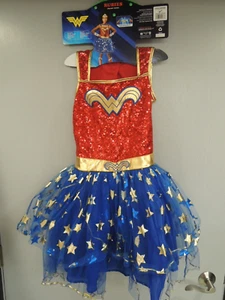 Girl's Long Sleeve Wonder Woman Complete Costume Sz 10-12 Tiara Cuffs Dress Up - Picture 1 of 23