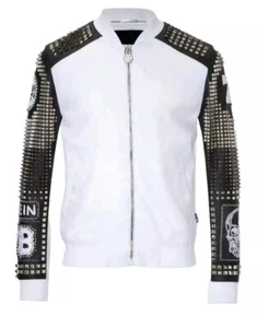 New Philipp Plein White Full Silver Studded Embroidery Patches Leather jacket - Picture 1 of 4