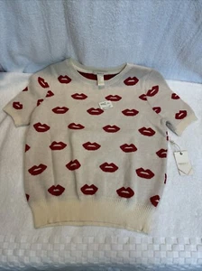 Forever 21 NEU SMALL Kurzarm Pullover Creme mit roten Lippen - Bild 1 von 18