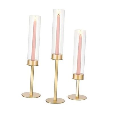  Gold Hurricane Candle Holders: Set of 3 Brass Short-3pcs Matte Gold - Image 1 of 4