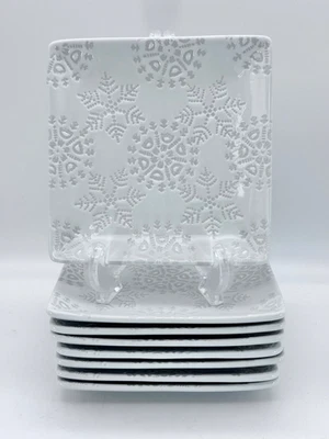 8 CRATE & BARREL FLURRY Appetizer Porcelain Square Plates 6” Embossed Snowflakes - Image 1 of 4