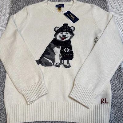 Polo Ralph Lauren Boys Husky Dog Sweater Cream XL (18-20) Cotton Wool Knit - Image 1 of 4