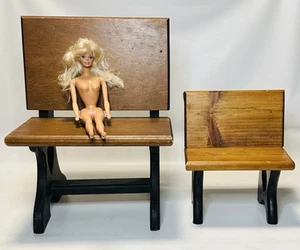 Vintage Handcrafted Wooden Doll Furniture School Bench Desk Chair Lot Of 2 - Picture 1 of 19